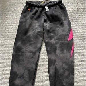 charcoal grey tie dye aviator nation sweatpants with pink lightning bolt
